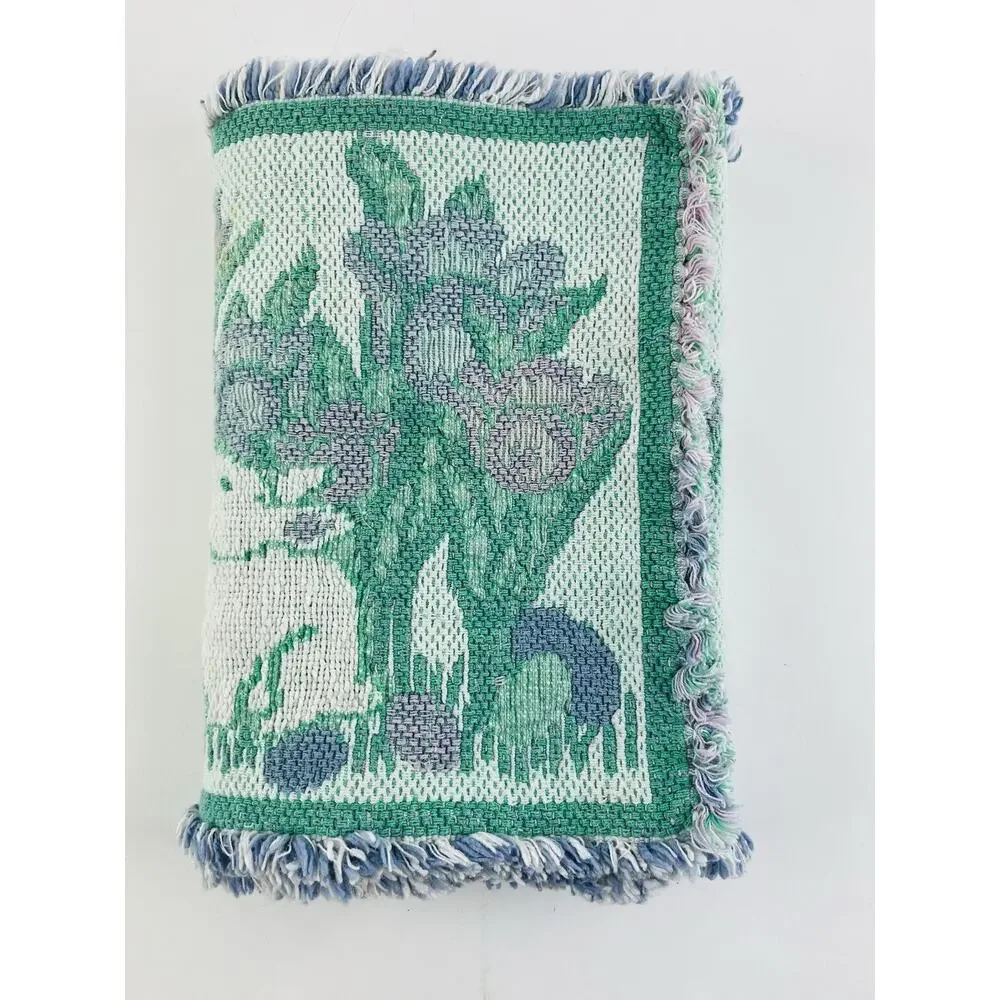 Bunnies Tulips Tapestry Folk Art Table Runner Easter Woven Spring Purple Green P